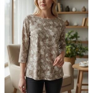 J. Jill Womens L Tall Brown Seashell Coral Print Linen-Blend 3/4 Tunic Top New